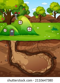Underground animal hole with ground surface of the garden scene illustration