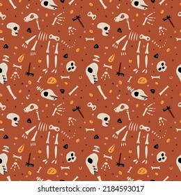 Underground bones seamless pattern. Cartoon print with fossil animal skeletons and human skulls in soil. Ancient finds and archaeological artifacts. Paleontological hammer. Garish vector background