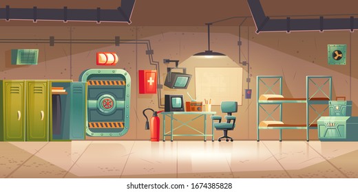 Underground bunker, empty bomb shelter control room, headquarters base for survival. Secret scientific laboratory command post with control panel, furniture, radio station cartoon vector illustration