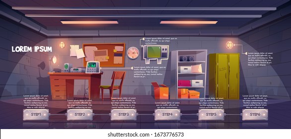 Underground Bunker Infographics Time Line, Bomb Shelter Control Room Pc Quest Game Stages, Headquarters Base For Survival, Command Post With Control Panel And Radio Station Cartoon Vector Illustration