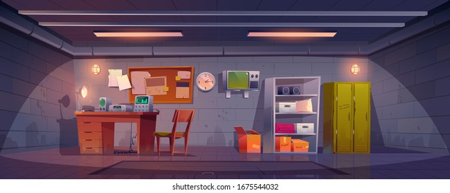 Underground bunker interior with lockers, appliances on desk, stocks on shelves and hatchway in floor. Vector cartoon illustration of bomb shelter for survival under nuclear war. Secret science base