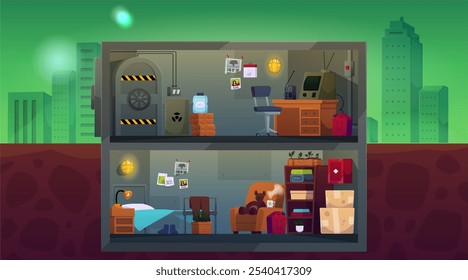 Underground bunker interior on lifeless cityscape in green smoke. Vector cartoon basement shelter rooms with hopper door and concrete walls. Stocks storage, bedroom, retro walkie talkie and computer