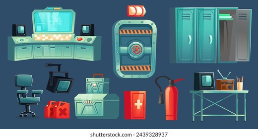 Underground bunker laboratory interior cartoon set. Isolated equipment of secret shelter with door, extinguisher, locker, screen and command control center object. Military base with radio on desk