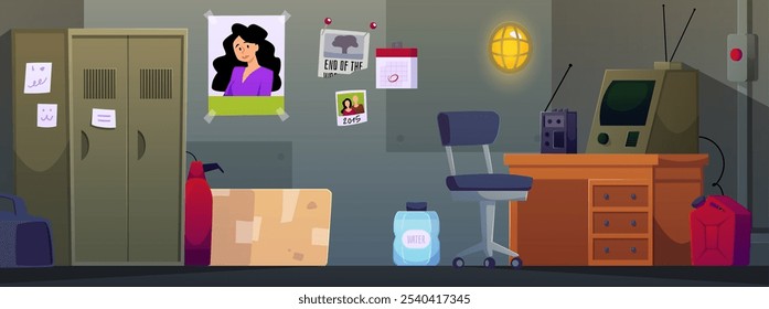 Underground bunker room interior design. Vector cartoon shelter control command station with retro walkie talkie and computer. Furniture, stocks storage, water, photograph of a woman