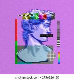 Underground bust David abstractionism style. Antique old sculpture masterpiece David by Michelangelo decorated in symbolism modern color style bright graphic surreal vector art classic renaissance.