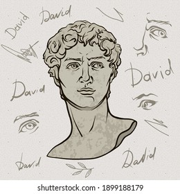 underground bust of David in the style of abstract art. Antique antique sculpture of the masterpiece of David by Michelangelo is framed in grunge style vector graphics, classical renaissance.