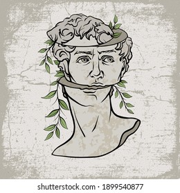 underground bust of David in the style of abstract art. Antique antique sculpture of the masterpiece of David by Michelangelo is framed in grunge style vector graphics, classical renaissance.