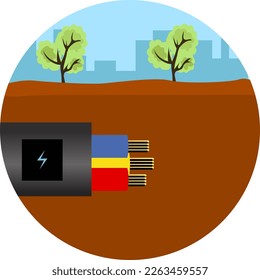 underground cable vector illustration, underground wire cable laid icon concept, number of electric and high-speed Internet Network cables in red corrugated pipe are buried