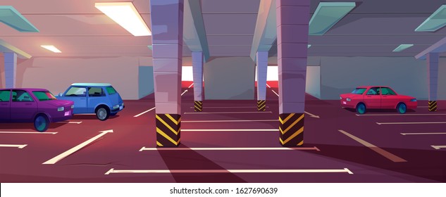 Underground car parking. Basement garage with lots for automobiles, columns, road marking and guiding arrows in corridor. Vector cartoon interior of parking in mall or city house