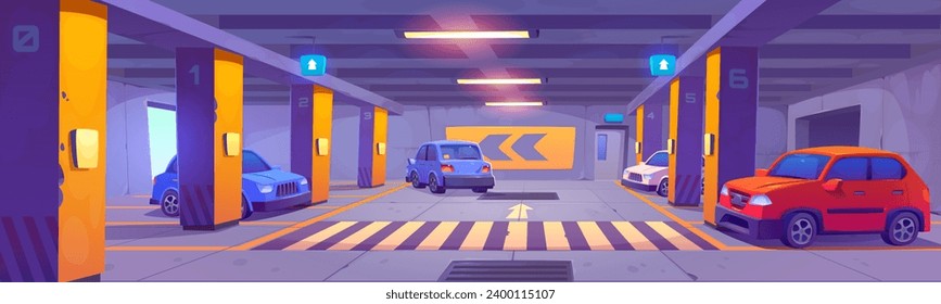 El interior del aparcamiento subterráneo está decorado con marcas, suelo de asfalto y columnas. Dibujo vectorial de caricaturas de automóviles estacionados en el lote del sótano. Zona de garaje público con flechas de luz y dirección.