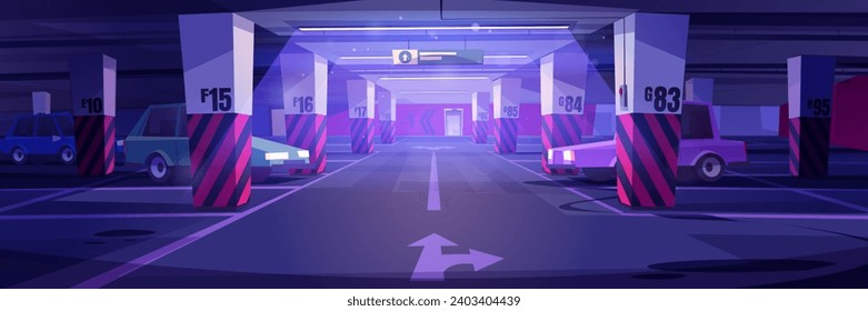 Underground car parking interior at night. Cartoon vector illustration of parked automobiles on dark basement lot with markings and arrows, cement floor and columns. Public garage area with park space