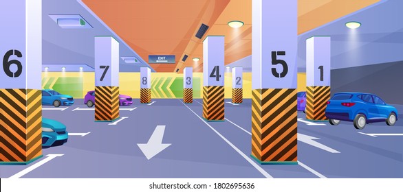 Underground car parking vector illustration. 3d interior design with automobile cars parked indoor in underground parking lots garage of city shopping mall building or supermarket basement background