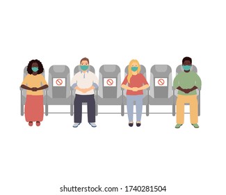 underground carriage seating with social distance. man and woman in face mask. vector illustration 