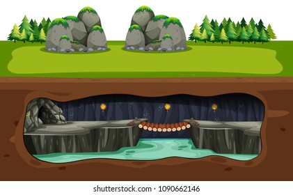 Underground Cave and Bridge illustration