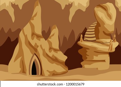 Underground cave landscape. Background for cartoon or adventure fantasy game assets. Underground city of dark elves or gnomes, mysterious cave realm. Vector illustration