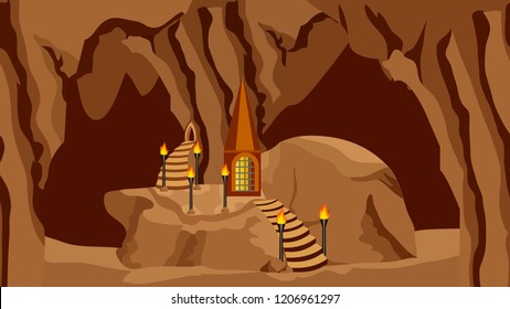 Underground cave landscape. Background for cartoon or adventure fantasy game assets. Underground city of dark elves or gnomes, mysterious night cave realm. Vector illustration