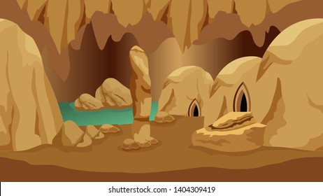 Underground cave landscape. Background for mysterious fantasy game asset or cartoon. Underground realm of gnomes or dwarves. Rock houses, lake, stones. Vector illustration