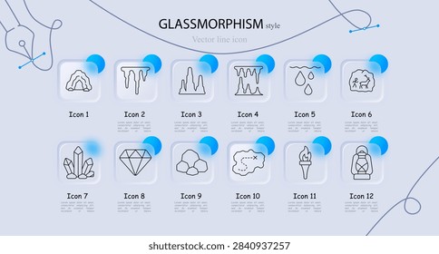 Underground cave set icon. Glass frames exhibit cave entrance, hanging icicles, rock pillars, crystal cave, water drops, cave painting, crystal cluster, cut diamond, stone pile, treasure map