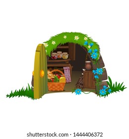 Underground cellar with canned vegetables and harvest isolated on white background. Vector cartoon close-up illustration.