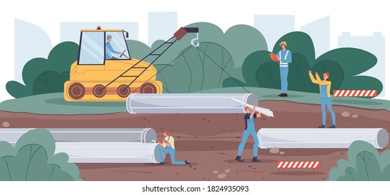 Underground conduit development. Pipe laying in ground construction process. People worker builder installing pipeline into trench using crane bulldozer. Industrial equipment, engineer team at work