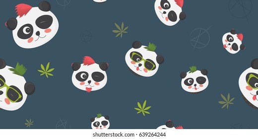 Underground culture seamless pattern: funny panda faces with alternative culture hairstyles, anarchy symbol and marijuana or weed leaf. 