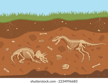 Underground dinosaur bones. Fossils, archeology and paleontology, Animals before our era, nature and history, BC. Mixture of organic matter, minerals concept. Cartoon flat vector illustration