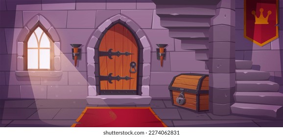 Mazmorra subterránea en el sótano del castillo con una antigua puerta de madera. Dibujo vectorial de la bodega del palacio medieval del día con el cofre del tesoro antiguo en el pasillo, escaleras de piedra, entrada a la celda de la prisión