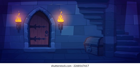 Macizo subterráneo con puerta de madera, fuego de antorcha y cofre de tesoros. Dibujo vectorial del pasillo del palacio medieval, sótano con escaleras de piedra, entrada a la celda de la prisión. Antecedentes del juego de aventura