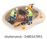 underground electric fiber optic cable wiring construction engineering inspection and worker and technician working maintenance isometric isolated