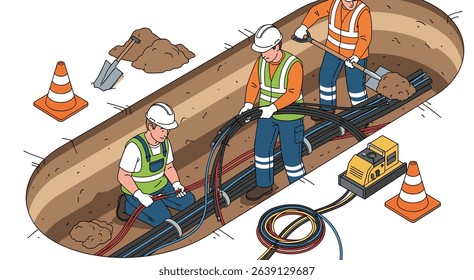 underground electric fiber optic cable wiring construction engineering inspection and worker and technician working maintenance isometric isolated