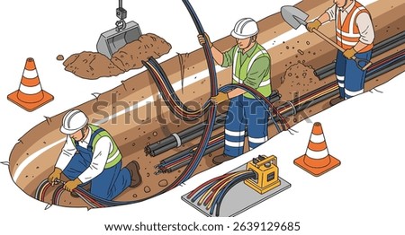 underground electric fiber optic cable wiring construction engineering inspection and worker and technician working maintenance isometric isolated