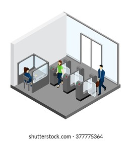 Underground entrance with people turnstiles and tickets isometric vector illustration 