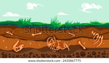 Underground fossil. Subterranean fossils soil layers, geology archeologic dig artifacts under earth ground extinct animal bones prehistoric archeology, recent vector illustration of fossil geology
