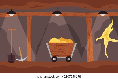Underground gold mine background, flat vector illustration. Gold extraction, digging and mining treasures. Flat layer of mine with gold nuggets in ground.