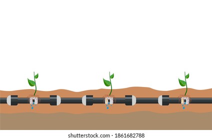 Underground or in ground drip irrigation system. Water irrigation. Automatic sprinklers system. Vector illustration flat design. Smart farming application concept. Saving water and time