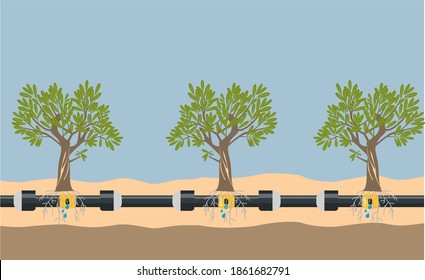 Underground or in ground drip irrigation system. Water irrigation. Automatic sprinklers system. Vector illustration flat design. Smart farming application concept. Saving water and time