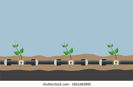 Underground or in ground drip irrigation system. Water irrigation. Automatic sprinklers system. Vector illustration flat design. Smart farming application concept. Saving water and time