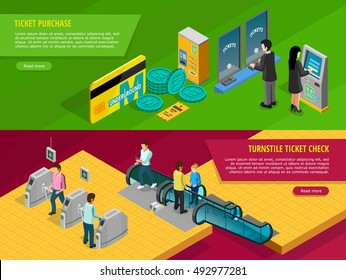 Underground horizontal banners set with ticket purchase symbols isolated isometric vector illustration 