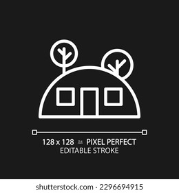 Underground house pixel perfect white linear icon for dark theme. Alternative dwelling. Real estate. Eco friendly living. Thin line illustration. Isolated symbol for night mode. Editable stroke