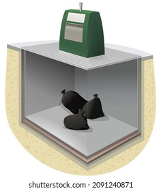 Underground household waste container with a view of the contents below the surface