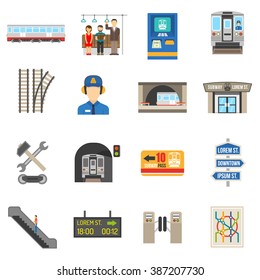 Underground Icons Set Of Different City Subway Elements Like Ticket Train Or Escalator Flat Isolated Vector Illustration