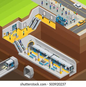  Underground isometric design composition with city station and trains vector illustration 