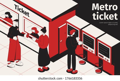 Underground isometric poster with passengers  buying tickets at ticket office and metro vending machines vector illustration