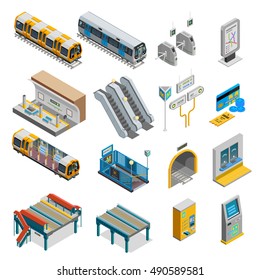  Underground Isometric Set With Train And Station Symbols Isolated Vector Illustration 