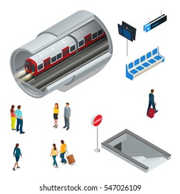 Conjunto isométrico subterrâneo com símbolos de trem e estação. Conjunto de ícones de transporte de cidade isométrico 3D plano de alta qualidade. Coleção de trem do metrô. Veículos concebidos para transportar um grande número de passageiros.