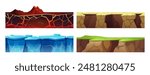 Underground layer seamless texture for game ui level design. Cartoon vector set of cut ground surfaces. Soil with green grass, rock with lava and magma, frozen ice and snow and dry cracked dirt.