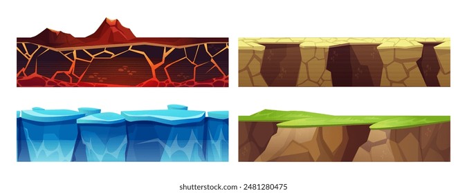 Textura sin fisuras de la capa subterránea para el diseño del nivel de ui del juego. Conjunto de Vector de dibujos animados de superficies de tierra cortadas. Suelo con hierba verde, roca con lava y magma, hielo y nieve congelados y tierra seca agrietada.