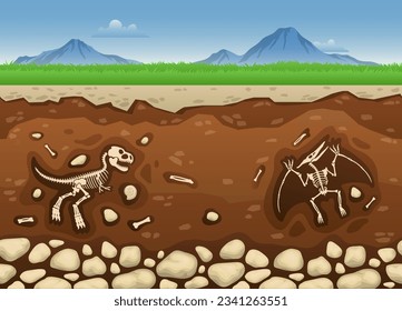 Underground Layers With Dinosaur Bones And Fossil Skeletons, Seamless Vector