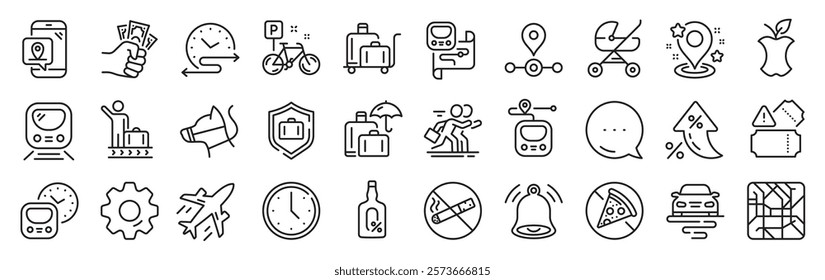 Underground line icons. Settings gear, Message, Inflation icons. Subway map, Station location, Metro rules. Dog on leash, Apple core, No smoking outline icons. Vector