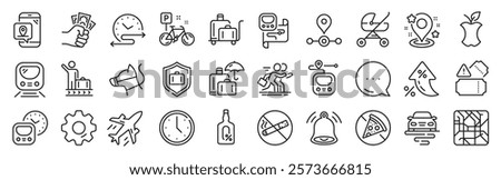 Underground line icons. Settings gear, Message, Inflation icons. Subway map, Station location, Metro rules. Dog on leash, Apple core, No smoking outline icons. Vector